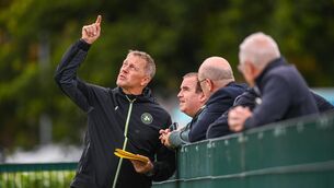 <p>ONLY WAY IS UP: Head coach Heimir Hallgrimsson with members of the media, from left, John Fallon of The Irish Examiner, Philip Quinn of The Irish Daily Mail and Tony O'Donoghue of RTÉ. Pic: Stephen McCarthy/Sportsfile</p>
