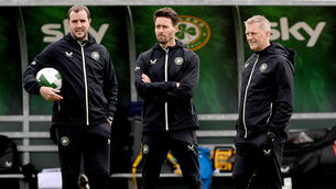 <p>WATCHFUL EYES: Coaches, from left, assistant coach John O'Shea, assistant coach Paddy McCarthy and head coach Heimir Hallgrimsson. Pic: Stephen McCarthy/Sportsfile</p>