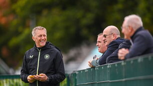 <p>HAVIN' A NATTER: Head coach Heimir Hallgrimsson with members of the media, from left, John Fallon of The Irish Examiner, Philip Quinn of The Irish Daily Mail and Tony O'Donoghue of RTÉ during a Republic of Ireland training session. Pic: Stephen McCarthy/Sportsfile</p>