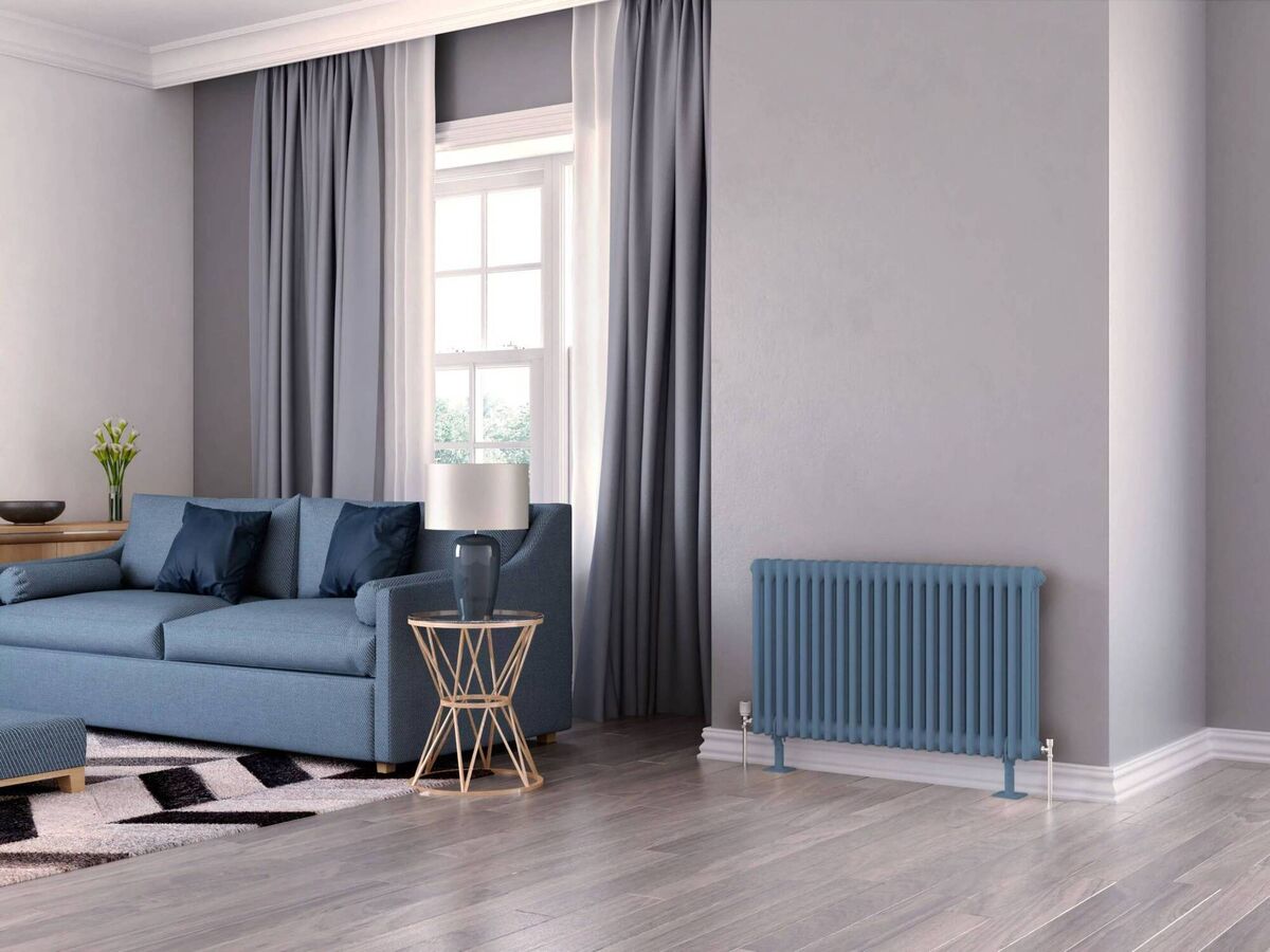 Stelrad classic column in Pigeon Blue with feet: Steel radiator in cast-iron styling, 750mm x 444m from €480 in RAL 1916 white, various suppliers. Stelrad classic column in Pigeon Blue with feet: Steel radiator in cast-iron styling, 750mm x 444m from €480 in RAL 1916 white, various suppliers.
