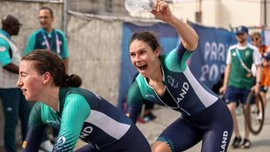 <p>GOLDEN GIRLS: Ireland’s Linda Kelly and Katie-George Dunlevy celebrate winning gold. Picture: ©INPHO/Tom Maher</p>