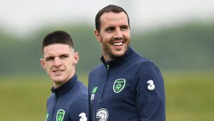 <p>John O'Shea, right, and Declan Rice during Republic of Ireland training in June 2018. Picture: Stephen McCarthy/Sportsfile</p>