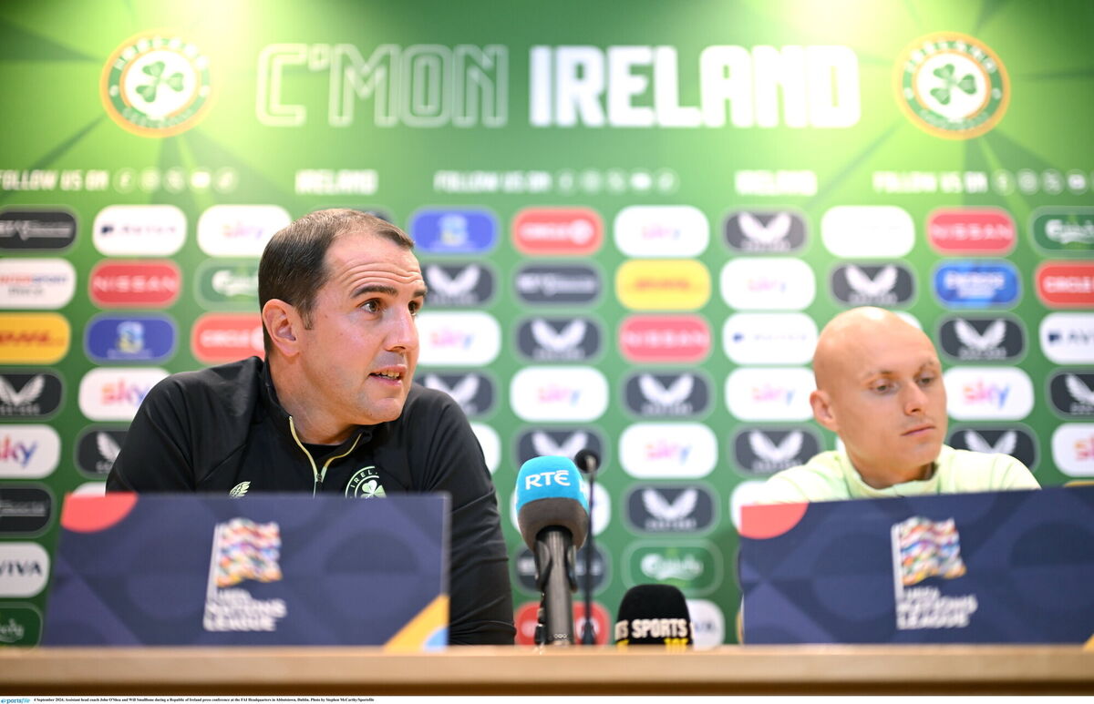 Assistant head coach John O'Shea and Will Smallbone during a Republic of Ireland press conference. Photo by Stephen McCarthy/Sportsfile