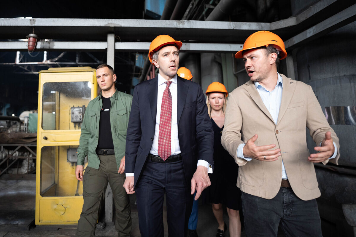 Taoiseach Simon Harris with Ukraine's deputy energy minister Mykola Kolisnyk at the Trypilska thermal power plant. Picture: Stefan Rousseau/PA Wire