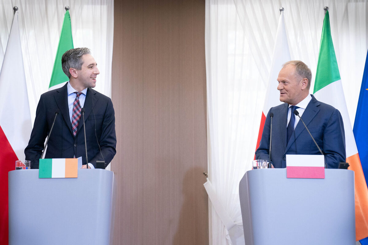 Taoiseach Simon Harris (left) told Polish Prime Minister Donald Tusk (right) in Rzeszow, Poland, on Thursday 'There needs to be an immediate ceasefire' in Gaza. Photo: Stefan Rousseau/PA