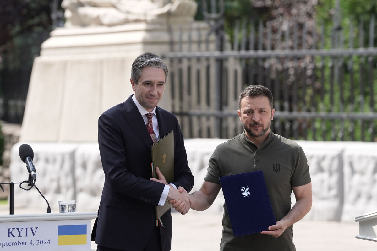 Taoiseach Simon Harris meeting Ukrainian president Volodymyr Zelenskyy before the signing of a memorandum of understanding in Kyiv as Ireland announced millions of euro in new funding for Ukraine. 	Pictures: Stefan Rousseau/PA
                    