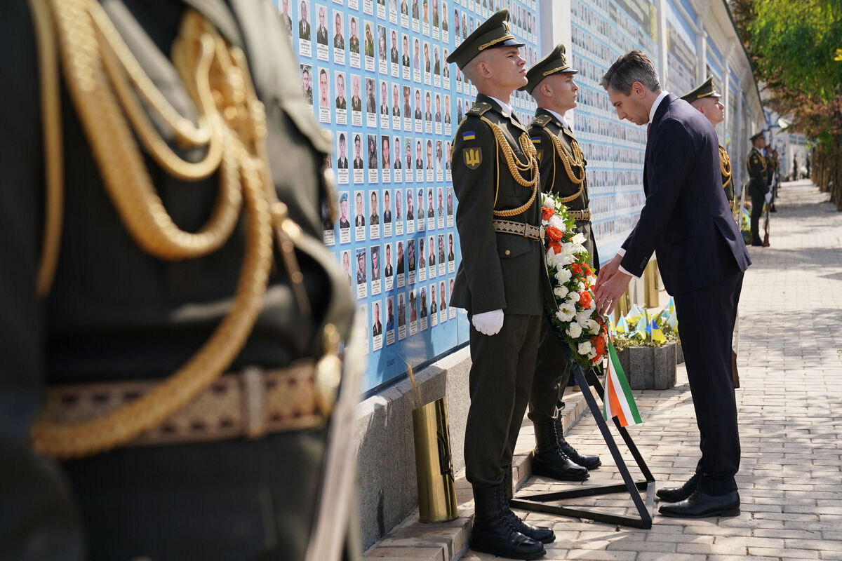 Taoiseach Simon Harris laying a wreath at the memorial in Maidan Nezalezhnosti square during his visit to Kyiv as Ireland announced millions of euro in new funding for Ukraine. Picture: Stefan Rousseau/PA Wire
