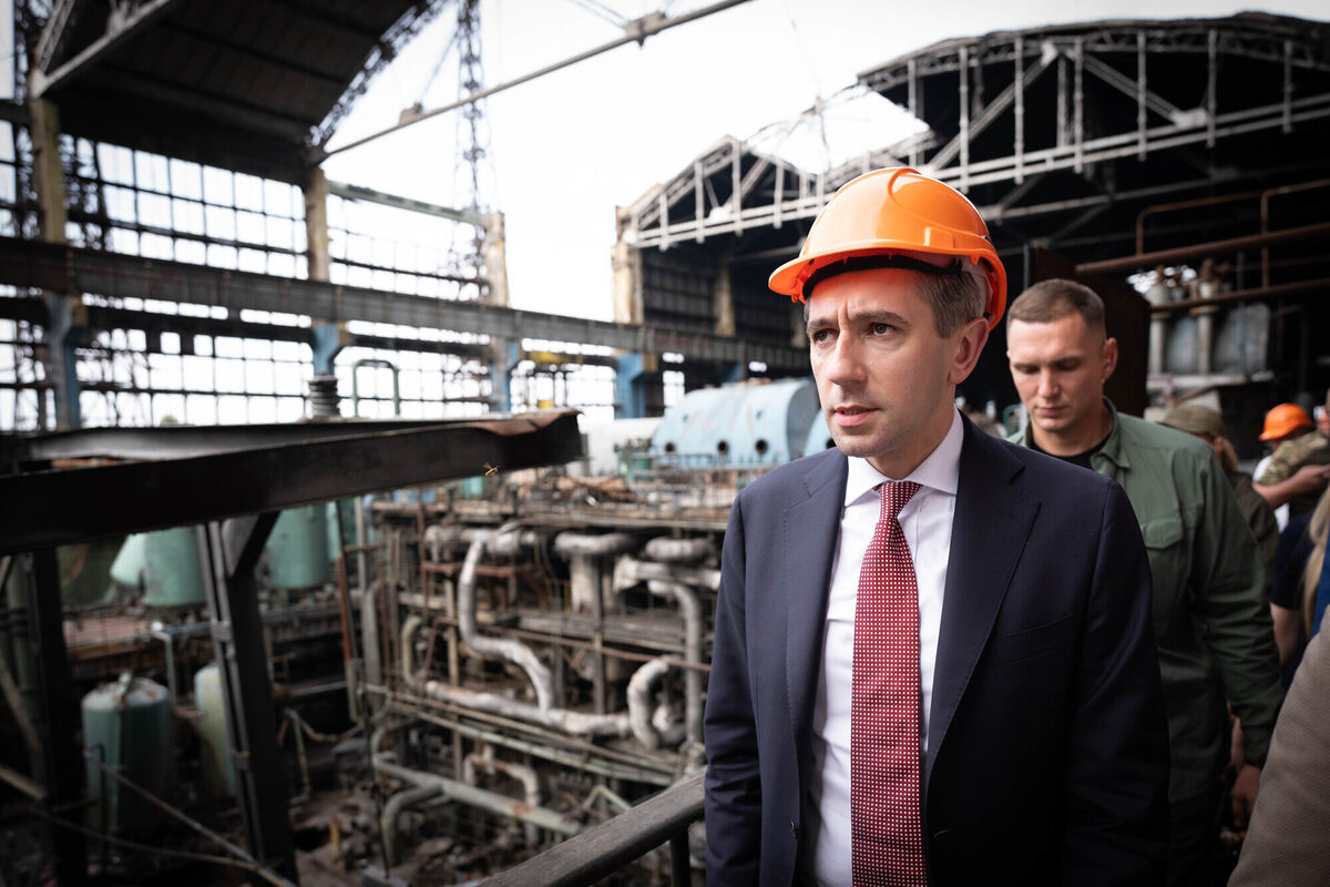 Simon Harris visiting the Trypilska thermal power plant south of Kyiv which has been hit by repeated military strikes by Russia.