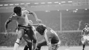 <p>Paddy Mulligan gets to grips with Trevor Brooking during the international friendly match bwetwen England and Ireland at Wembley Stadium on September 8, 1976. (Photo by Evening Standard/Hulton Archive/Getty Images)</p>