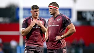 <p>6 September 2024; Gavin Coombes, right, and Jack O'Donoghue of Munster during the pre-season friendly match between Munster and Gloucester at Virgin Media Park in Cork. Photo by Brendan Moran/Sportsfile</p>