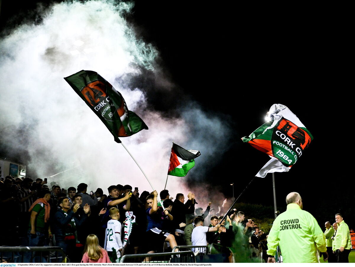 Cork City supporters celebrate their side's first goal during the SSE Airtricity Men's First Division match between UCD and Cork City at UCD Bowl in Belfield, Dublin. Photo by David Fitzgerald/Sportsfile