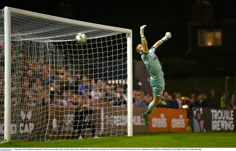 Shelbourne goalkeeper Conor Kearns concedes a goal, scored by Ross Tierney of Bohemians, not pictured, during the SSE Airtricity Men's Premier Division match between Bohemians and Shelbourne at Dalymount Park in Dublin. Photo by Seb Daly/Sportsfile