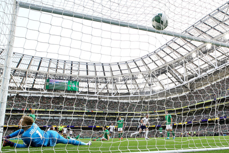 Ireland's goalkeeper Caoimhin Kelleher concedes a goal to Declan Rice. Pic: ©INPHO/Laszlo Geczo