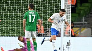 <p>Giorgos Masouras of Greece celebrates after scoring his side's second goal during the UEFA EURO 2024 Championship qualifying group B match against Ireland. Photo by Seb Daly/Sportsfile</p>