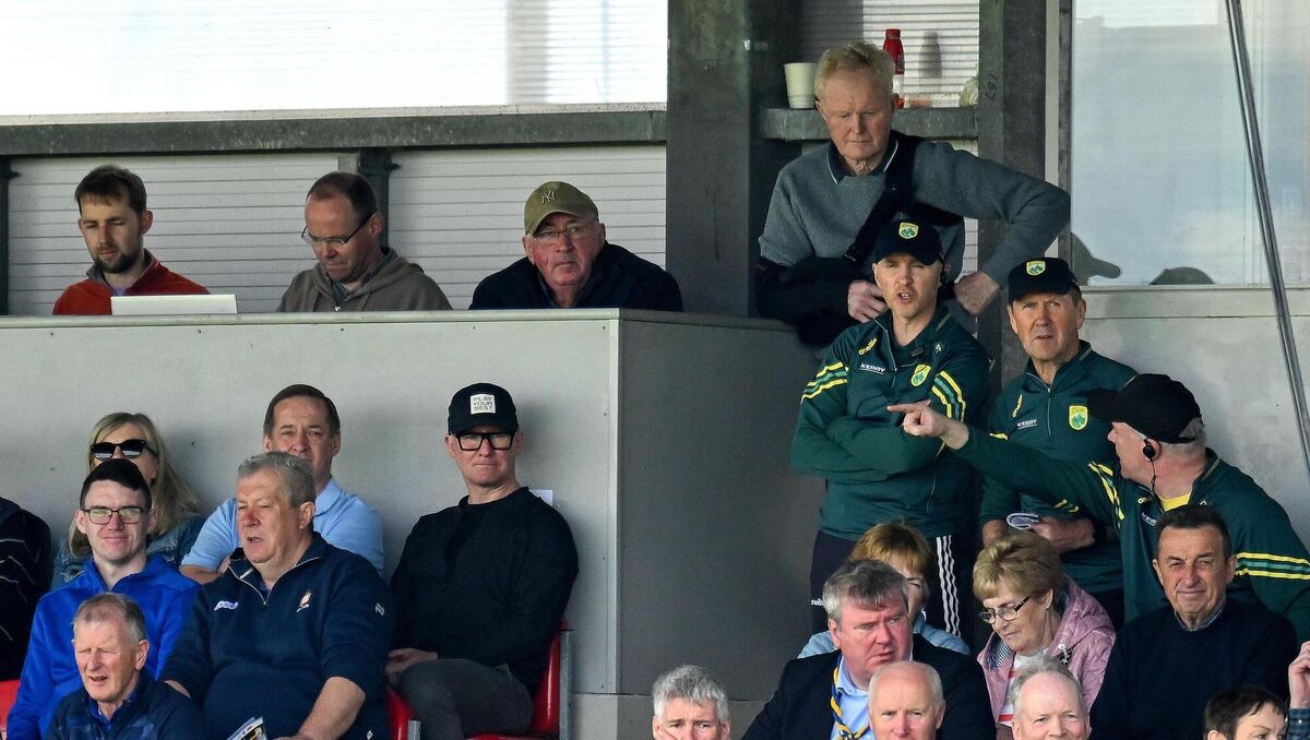 Football Review Committee chairperson Jim Gavin and committee member Colm Collins watch the 2024 Munster final between Kerry and Clare. Photo by Brendan Moran/Sportsfile