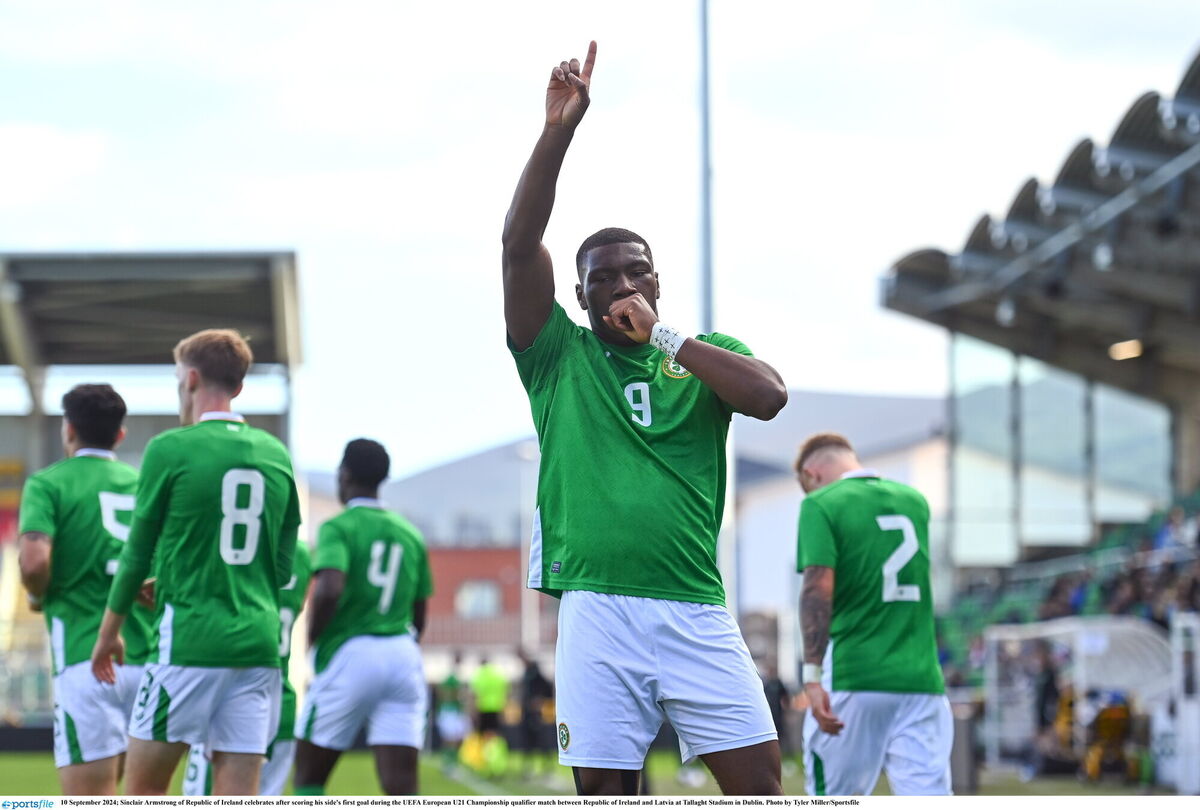 Sinclair Armstrong of Ireland celebrates after scoring his side's first goal. Photo by Tyler Miller/Sportsfile