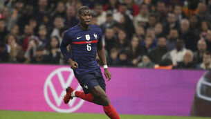 France’s Paul Pogba runs with the ball during an international friendly against Cote d’Ivoire at the Velodrome stadium in Marseille, France, in March 2022 (Daniel Cole/AP)