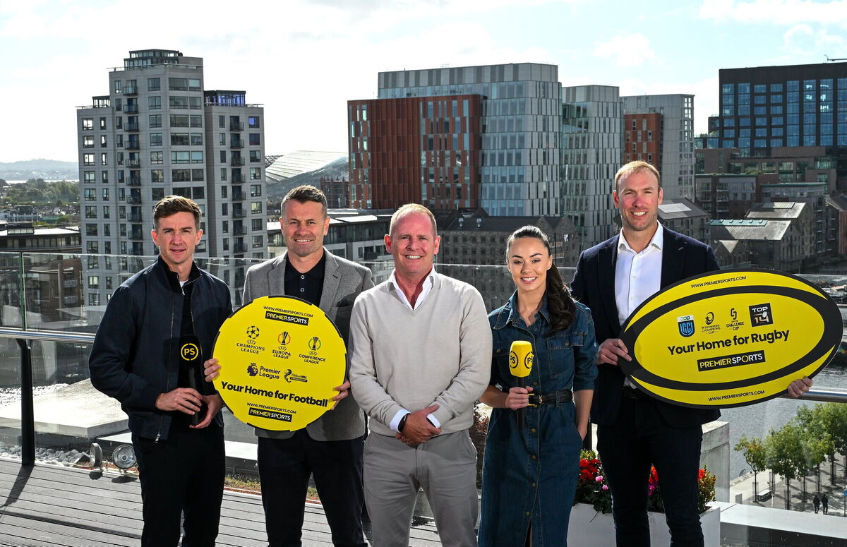 CEO of Premier Sports, Ryle Nugent with UCD footballer Ronan Finn, former Republic of Ireland goalkeeper Shay Given, presenter Aisling O'Reilly and former Ireland and Ulster rugby player Stephen Ferris. Photo by David Fitzgerald/Sportsfile