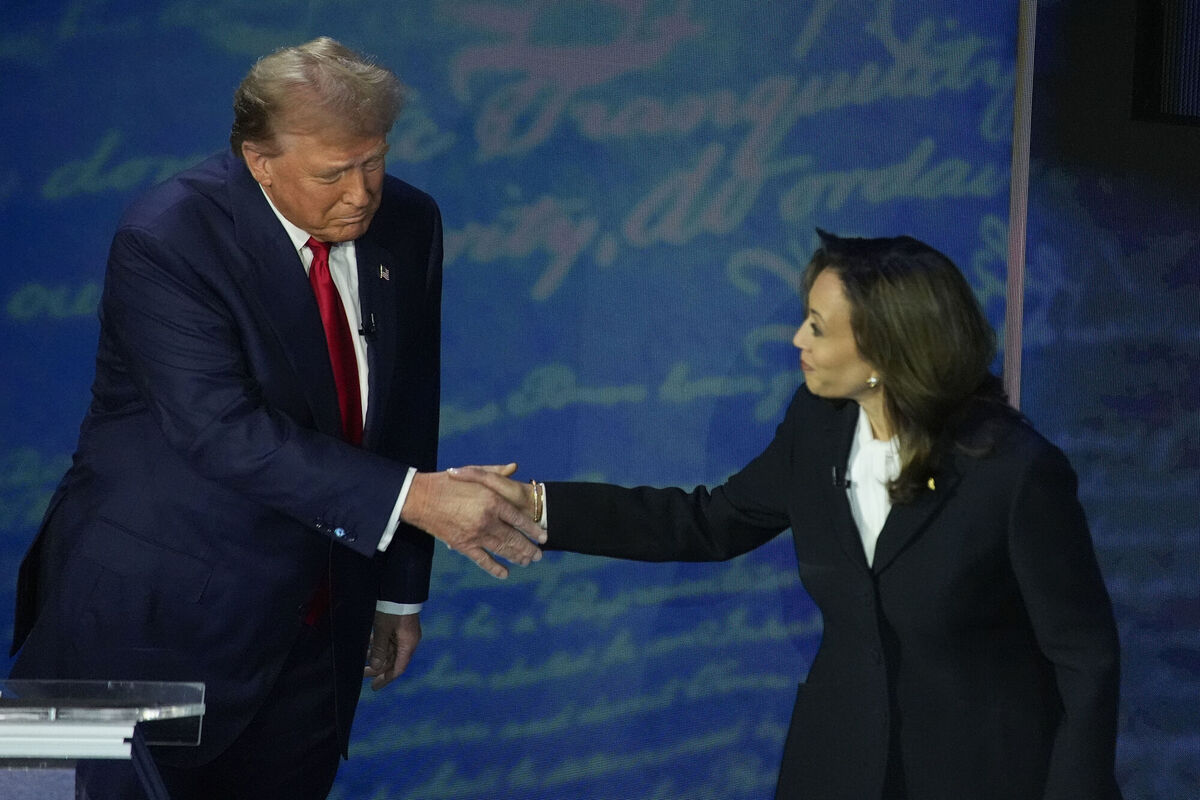Republican presidential nominee former President Donald Trump shakes hands with Democratic presidential nominee Vice President Kamala Harris during an ABC News presidential debate at the National Constitution Center, Tuesday, Sept.10, 2024, in Philadelphia. Picture: AP Photo/Alex Brandon