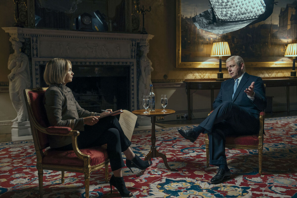 Ruth Wilson as Emily Maitlis and Michael Sheen as Prince Andrew in A Very Royal Scandal, a three-part series coming to Prime Video on September 19.