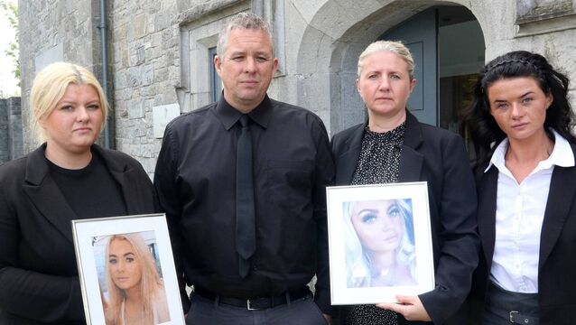 <p>Aoife Johnston's family outside the Coroners' Court in April.  Picture: Brendan Gleeson</p>