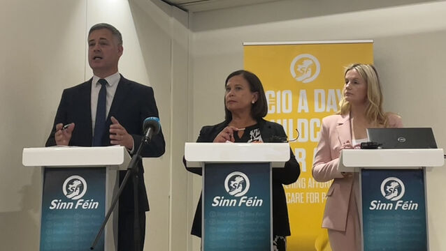 <p>Pearse Doherty, Mary Lou McDonald, and Claire Kerrane outline Sinn Féin's plan. Picture: PA</p>