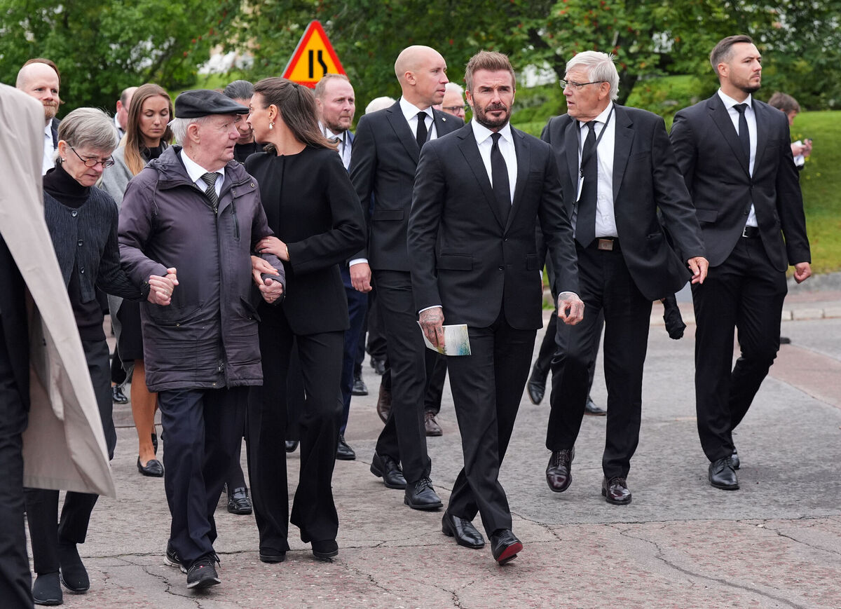 The funeral procession for Sven-Goran Eriksson, including his daughter Lina and David Beckham. Pic: Yui Mok/PA Wire.