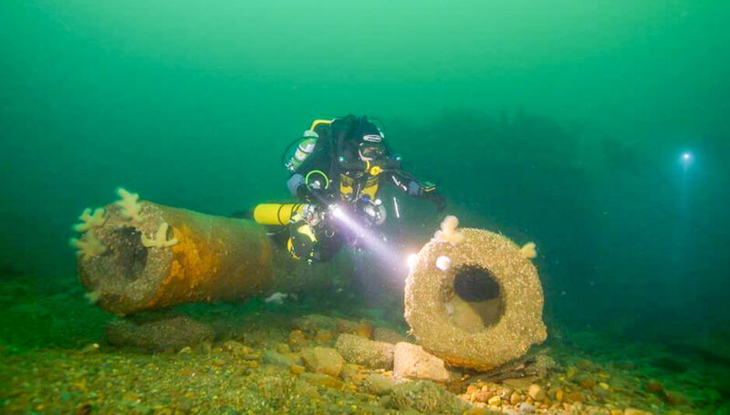 The 13.5in guns of the battleship HMS Audacious, lying upside down 64m deep on the ocean floor, some 15km off the Donegal coast. Picture: Stewart Andrews.