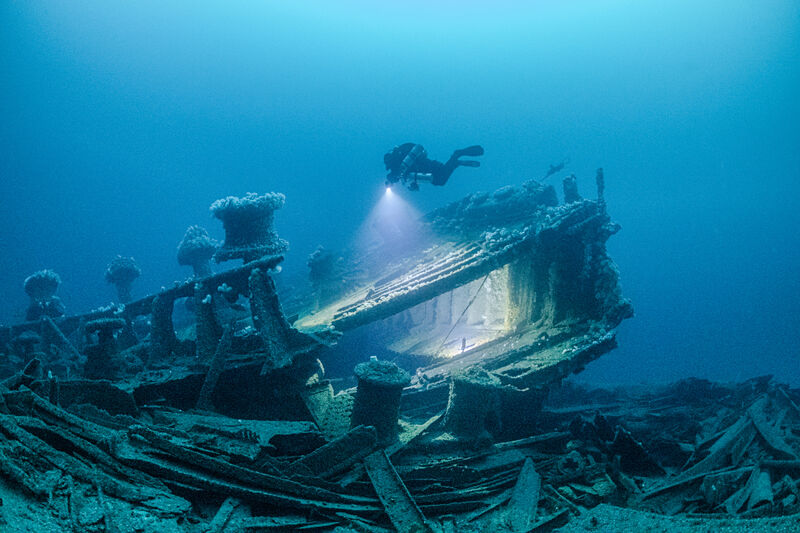 A view inside the detached bow of the HMTS Justicia, which lies 70m down on the seabed off the Donegal coast. Picture: Barry McGill Indepth Technical Diving. Picture: Barry McGill Indepth Technical Diving.