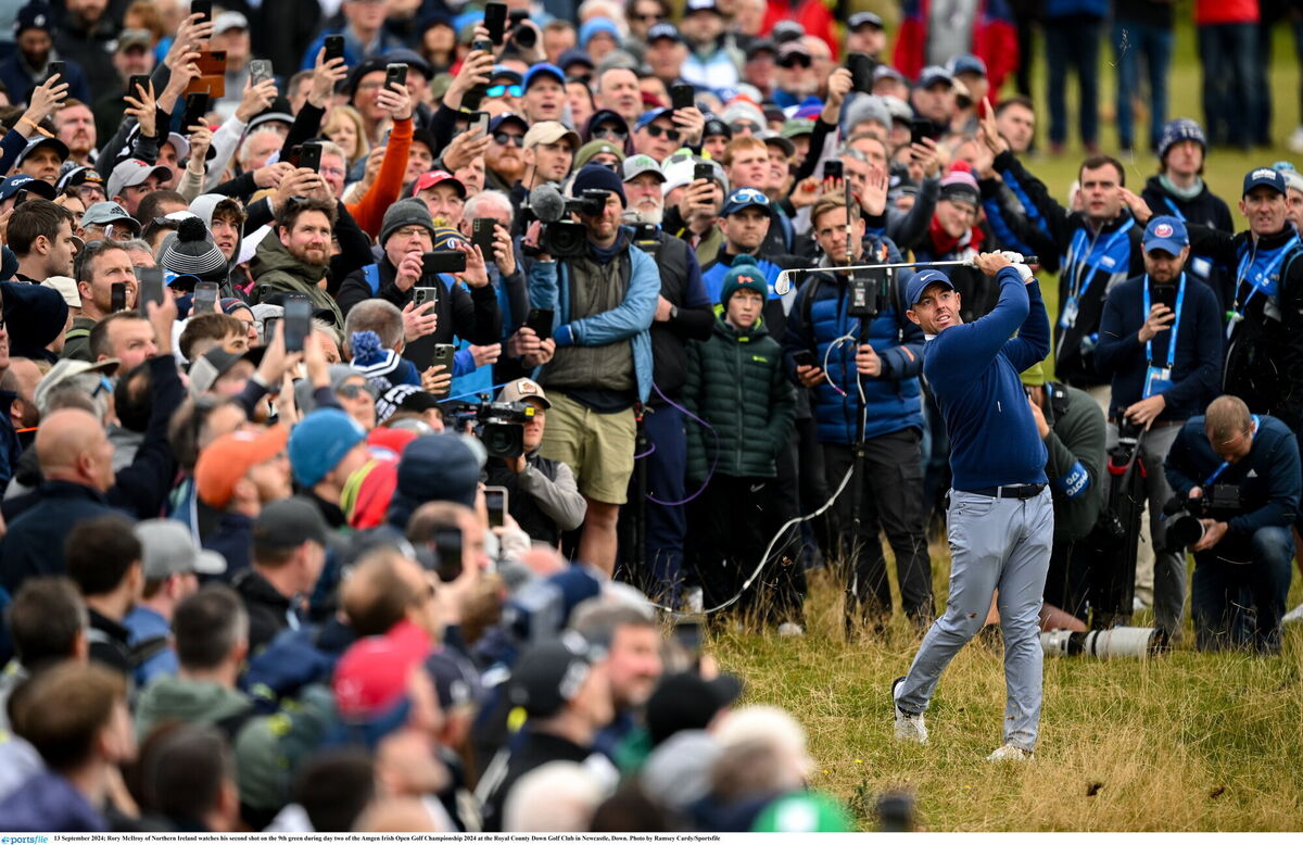 Rory McIlroy watches his second shot on the 9th green during day two of the Amgen Irish Open. Pic: Ramsey Cardy/Sportsfile Rory McIlroy watches his second shot on the 9th green during day two of the Amgen Irish Open. Pic: Ramsey Cardy/Sportsfile