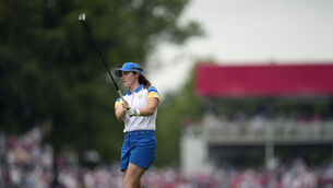 <p>Europe's Leona Maguire hits from the first fairway during the 2024 Solheim Cup fourballs. Picture: AP Photo/Matt York</p>