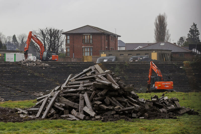 Contractors with excavators have begun clearing the concrete seating terraces at GAA stadium in Belfast, Northern Ireland. Picture date: Thursday March 14, 2024.
