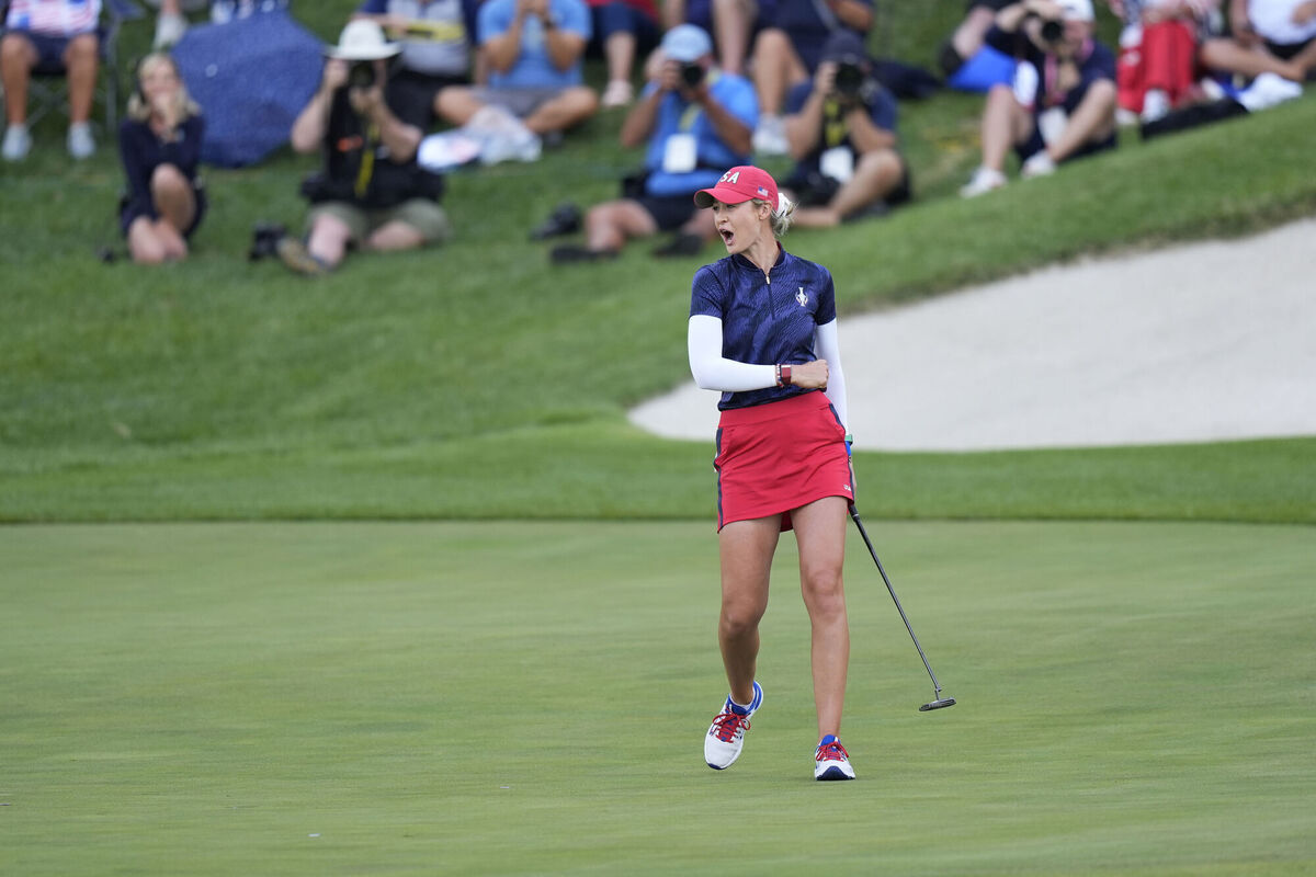 United States' Nelly Korda celebrates after sinking a putt on the 14th hole to win a fourball match. Picture: AP Photo/Chris Szagola United States' Nelly Korda celebrates after sinking a putt on the 14th hole to win a fourball match. Picture: AP Photo/Chris Szagola