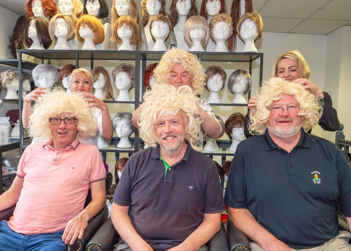 Billy Keane, Joe Stack, and Eoin (The Bomber) Liston, getting the hair done by the Kerry Wig Clinic at Danny's Hair Salon, Listowel with stylists Karina Nealon, Danny Russell, and Micheala O'Connor. Billy Keane, Joe Stack, and Eoin (The Bomber) Liston, getting the hair done by the Kerry Wig Clinic at Danny's Hair Salon, Listowel with stylists Karina Nealon, Danny Russell, and Micheala O'Connor.