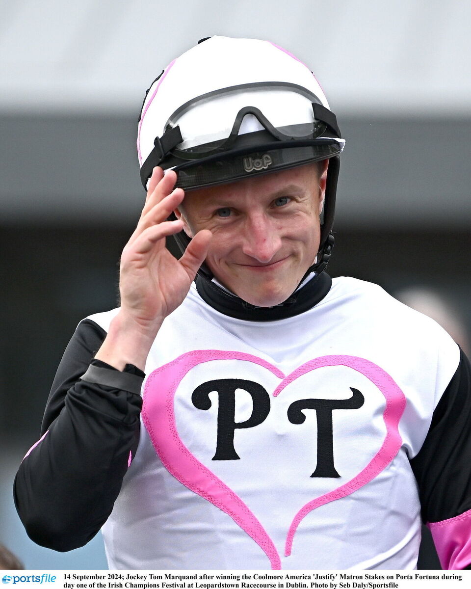  Jockey Tom Marquand after winning the Coolmore America 'Justify' Matron Stakes on Porta Fortuna.