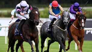 <p>Porta Fortuna (left) ridden by Tom Marquand on their way to winning the Coolmore America 'Justify' Matron Stakes at Leopardstown. Pic: Healy Racing/PA Wire. </p>