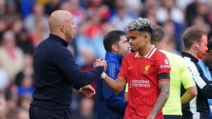 <p>Liverpool manager Arne Slot with Luis Diaz during the Premier League match at Anfield.</p>