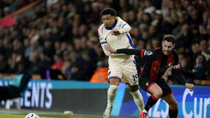 Chelsea attacker Jadon Sancho, left, battles with Bournemouth’s Adam Smith (Andrew Matthews/PA)