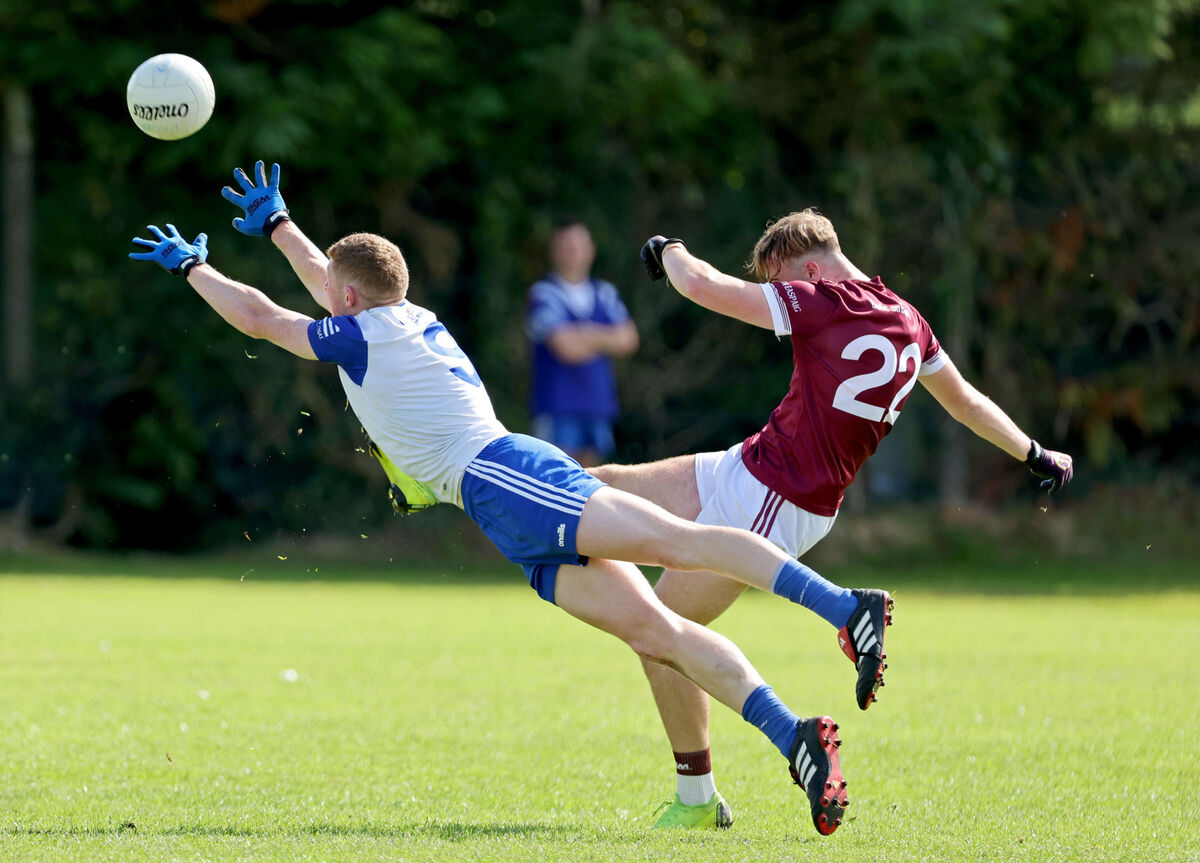  DV O'Connor, Knocknagree and Brian McCarthy, Bishopstown during the Cork SAFC clash. Picture: Jim Coughlan.