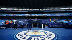 <p>A general view of the Manchester City crest inside the Etihad Stadium. Pic: Peter Byrne/PA Wire. </p>