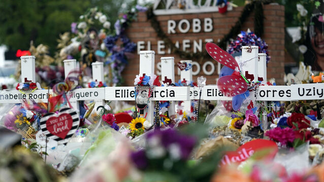 FILE IMAGE – A memorial for the Robb Elementary School victims in 2022, taken in the days after the massacre (Eric Gay/AP)