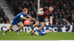 <p>Calvin Nash of Munster is tackled by Tom Cairns and Ben Hammersley of Exeter Chiefs. Photo by Brendan Moran/Sportsfile</p>