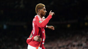 <p>SEVENTH HEAVEN: Manchester United's Marcus Rashford celebrates after scoring the opening goal of the game. Pic: Mike Egerton/PA Wire.</p>