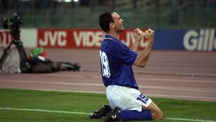 <p>Italy's Salvatore Schillaci celebrates scoring against Ireland in 1990  ©INPHO/Billy Stickland</p>