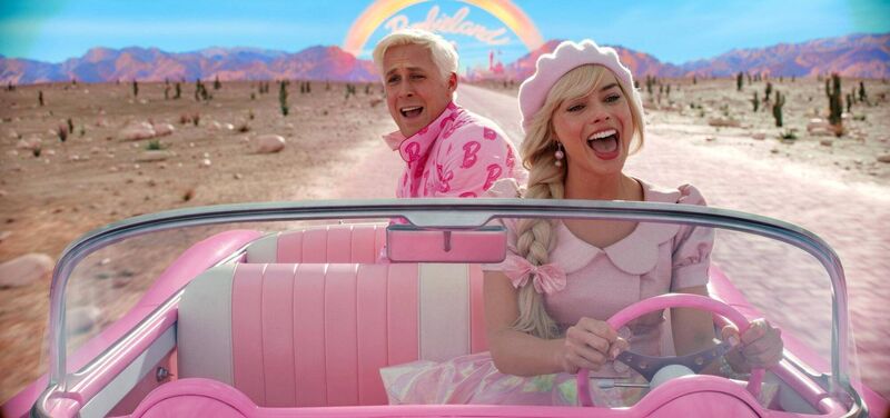 Ryan Gosling and Margot Robbie in Barbie. Ryan Gosling and Margot Robbie in Barbie.