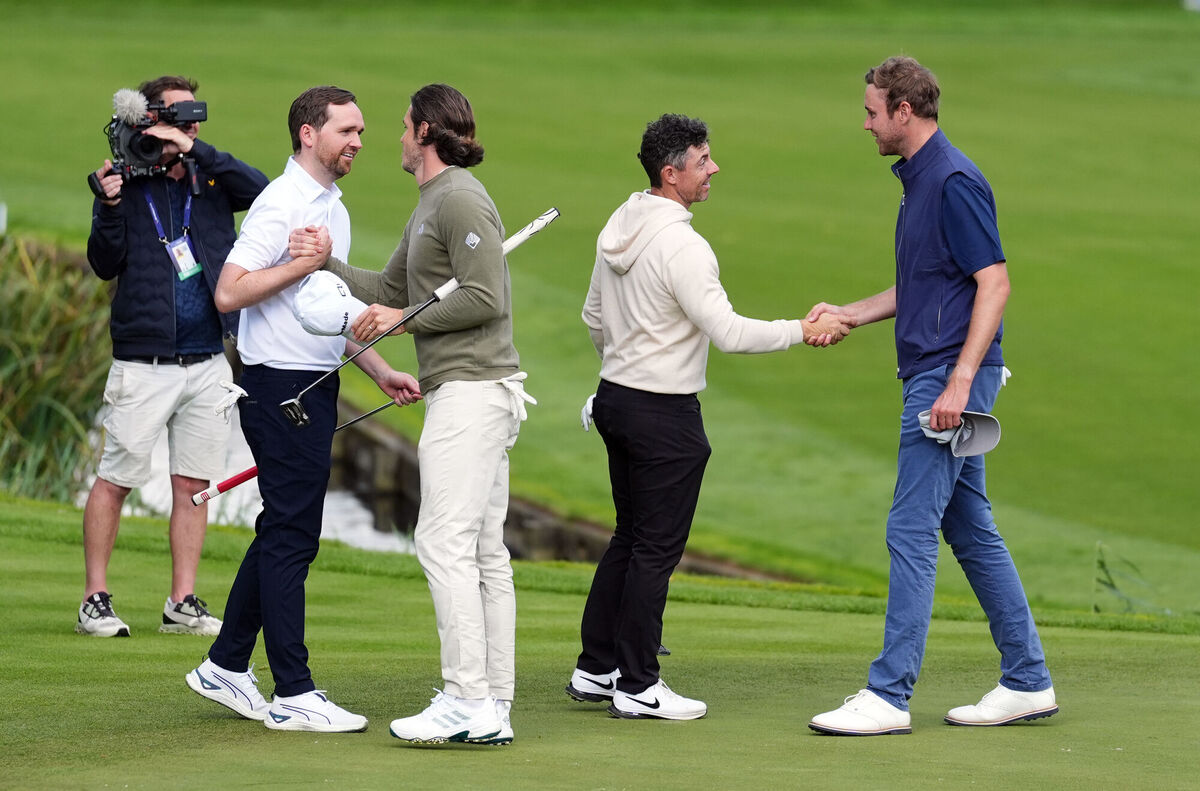 Rory McIlroy, Stuart Broad (right), Gareth Bale and Freddie Gerstrom (left) during the BMW PGA Championship Pro-AM at Wentworth. Picture: Zac Goodwin/PA Wire.