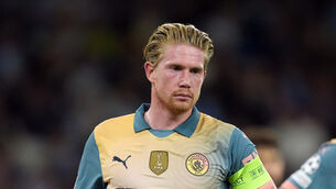 <p>DOUBTFUL: Manchester City’s Kevin De Bruyne went off injured at half-time. Pic: Martin Rickett/PA</p>