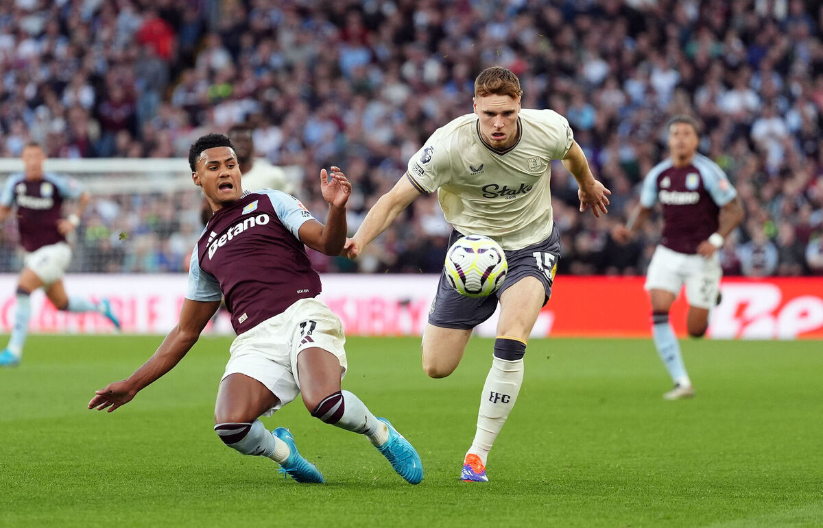 Aston Villa's Ollie Watkins and Everton's Jake O'Brien battle for the ball. Pic: Bradley Collyer/PA Wire.