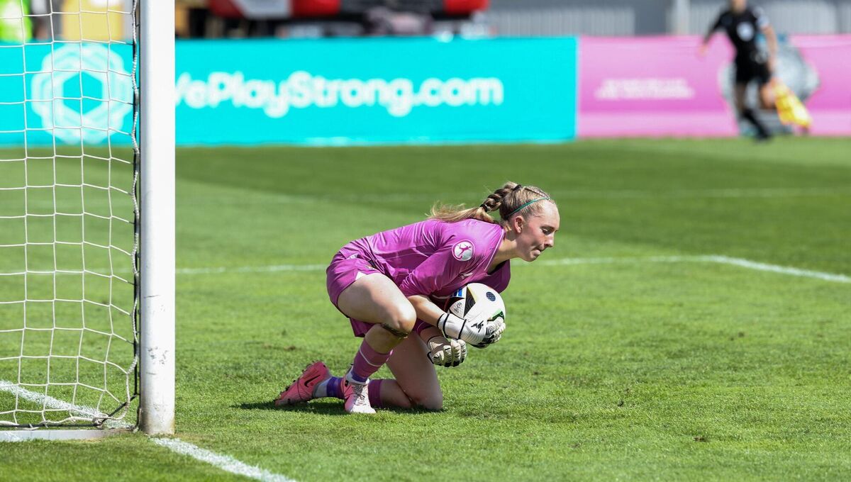 Republic of Ireland goalkeeper Katie Keane makes a save during the UEFA Women's Under-19 European Championships Group B match between Spain and Republic of Ireland at Futbolo stadionas Marijampolėje in Marijampole, Lithuania. Photo by Saulius Čirba/Sportsfile Republic of Ireland goalkeeper Katie Keane makes a save during the UEFA Women's Under-19 European Championships Group B match between Spain and Republic of Ireland at Futbolo stadionas Marijampolėje in Marijampole, Lithuania. Photo by Saulius Čirba/Sportsfile