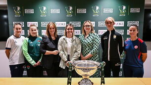 <p>In attendance, from left, Rachel Graham of Shelbourne, Orlaith O'Mahony of Cork City, Sharon Lancaster, Marketing Manager, Frasers Group, on behalf of Sports Direct, Republic of Ireland international Jamie Finn, Ciara Murray, Head of Marketing, Sports Direct, Katie Keane of Athlone Town and Eimear Lafferty of Sligo Rovers after the Sports Direct Women's FAI Cup semi-final draw at the FAI Headquarters in Abbotstown, Dublin. Photo by Ben McShane/Sportsfile</p>
